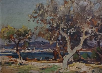 null Louis Agricol MONTAGNE (1879 - 1960). Edge of the Rhone. Oil on panel, trace...