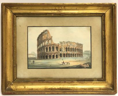 null PAIRE DE GRAVURES. Vue du Colisée et vue du Panthéon de Rome. Ecole Italienne,...