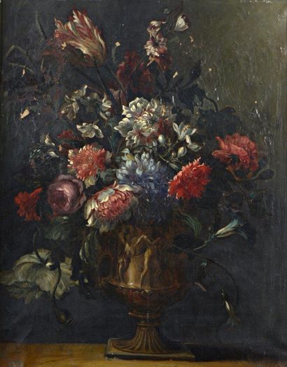 null Ecole FRANCAISE vers 1740, Bouquet de fleurs, huile sur toile. 63 x 50 cm. (soulèvements...