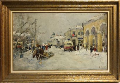 null Edvard VIRGIKOVSKI (1928-2008). Rue enneigée, huile sur toile signée en bas...