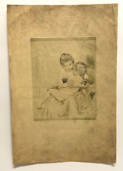 null GRAVURE. Une mère et sa fille, gravure signée en bas à droite. Dim. : 24 x 19...