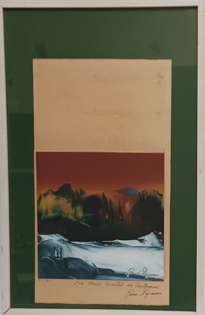 null Ecole MODERNE, Les eaux mortes en automne. Lithographie en couleur dédicacée,...