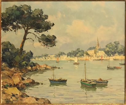 null André BERONNEAU (1886-1973). Bénodet vue de Sainte - Marine, huile sur toile,...