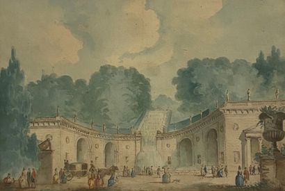 null Ecole FRANCAISE, fin XVIIIème siècle. Scène de parc animée, aquarelle sur papier....