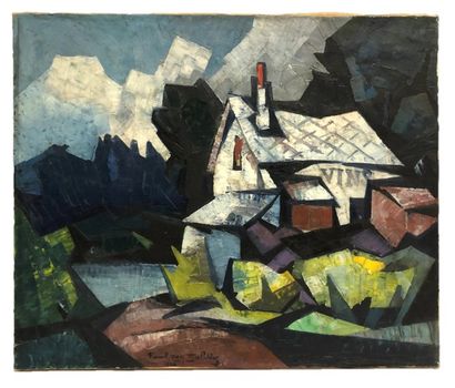 null Raoul VAN MALDERE (1875-1947). Maison au bord du lac, huile sur toile, signé...