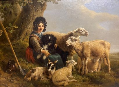 null Henriette RONNER KNIP (Amsterdam 1821 - ? 1909). Bergère et son troupeau, huile...