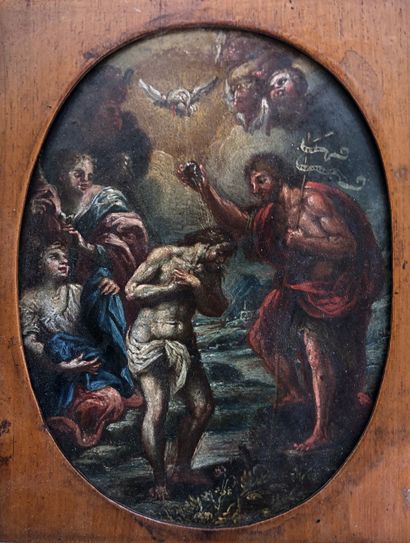 null Ecole ITALIENNE vers 1700. Le Baptême du Christ, Vierge à l’Enfant, paire de...