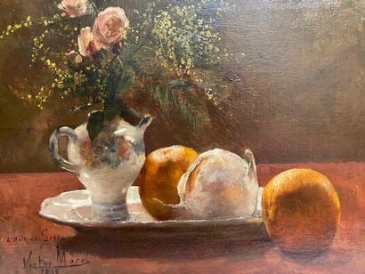 null Victor MAREC (1862-1920). Nature morte au vase fleuri et oranges, huile sur...