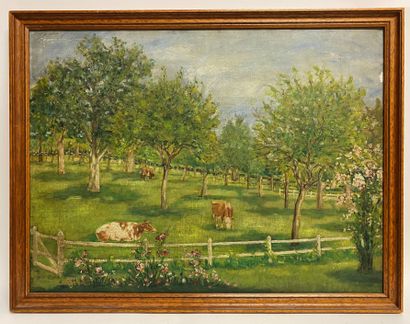 null Ecole FRANCAISE, XXème siècle. Vaches dans un pré, huile sur toile. 46 x 61...