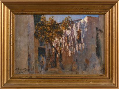  Alexandre ROUBTZOFF (1884-1949). Rue de village animée. Huile sur carton toilé,... Gazette Drouot