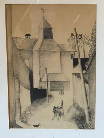  Dessin à la mine de plomb: Ruelle de village avec chat. 24 x 17 cm à vue