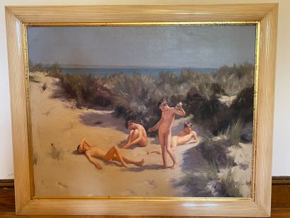 null Modern school. Group of naked boys in the dunes. Oil on canvas. 71,5 x 92 c...