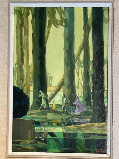  Peter Todd MITCHELL (1927-1988). Promenade en forêt. Huile sur toile, signée en...