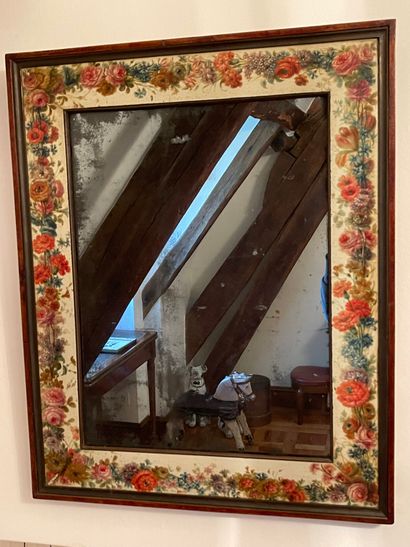 null Small rectangular mirror in wood; painted border of flowers in the natural on...