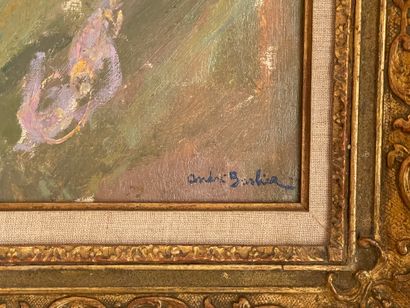 null André Georges BARBIER (1883-1970). Falaises à Etretat. Huile sur toile signée...