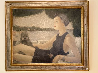 null School XXth. Woman in a bathing cap with a poodle. Oil on canvas. 62 x 80 c...
