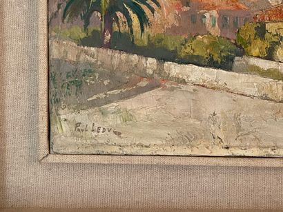 null Paul LEDUC (1876-1943)? Village provençal en bord de mer avec palmiers. Huile...