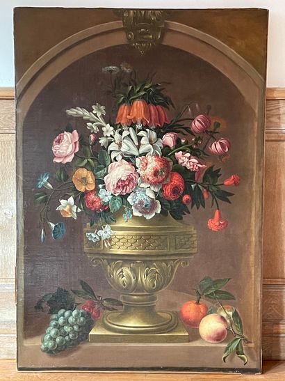 null French school XIXth. Still life with a vase of flowers with peach and grapes...