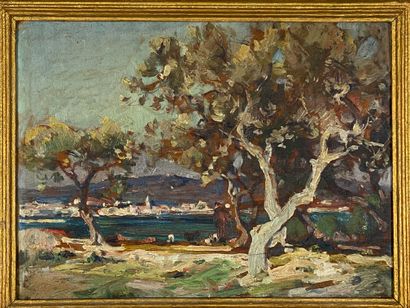 null Louis Agricol MONTAGNE (1879 - 1960). Edge of the Rhone. Oil on panel, trace...