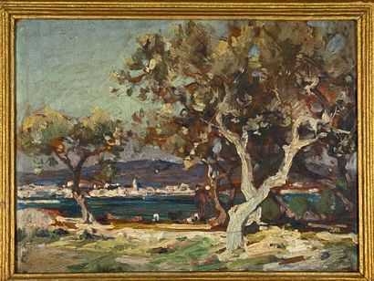 null Louis Agricol MONTAGNE (1879 - 1960). Bord du Rhône. Huile sur panneau, trace...