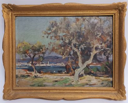 null Louis Agricol MONTAGNE (1879 - 1960). Bord du Rhône. Huile sur panneau, trace...