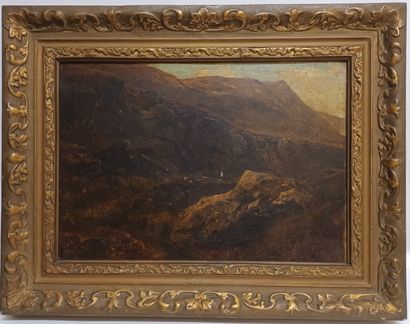 null Ecole FRANCAISE, XIXème siècle. Paysage aux rochers, huile sur toile. Dim. :...