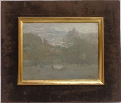null Ecole FRANCAISE, XIXème siècle. Paysage de sous-bois, huile sur toile, porte...