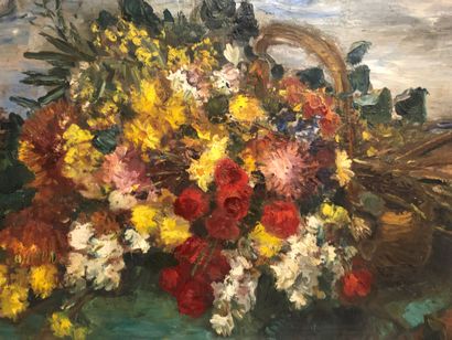 null Paul HANNAUX (1897-1954). "Fleurs au panier" signée en bas à gauche, titrée...