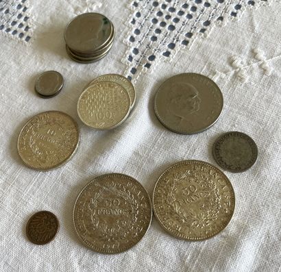 null Lot de pièces en argent dont trois de 100 frs, deux de 50 frs et une de 10 frs...
