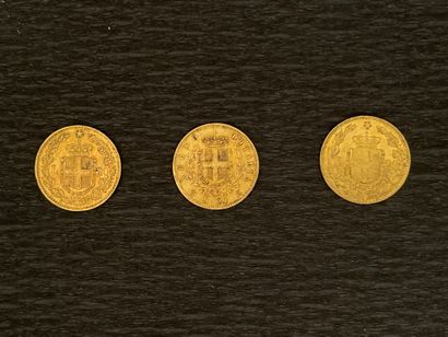 null 
NOT SOLD. Three gold coins of 20 Italian LIRE (wear).
