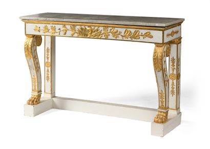 null Rectangular console in carved wood and white stucco and gilded with a helmet...