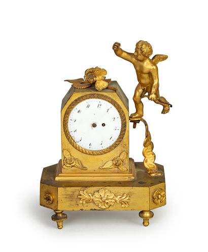 null Small gilt bronze clock with white enamelled dial with Arabic numerals (as is),...