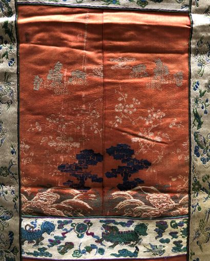 null Two embroidered silk and linen bands, decorated with landscaped scenes, Buddhist...