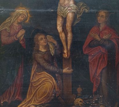 null Ecole FLAMANDE vers 1600, Le Christ au Golgotha entouré de la Vierge, Marie-Madeleine...
