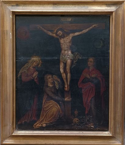 null Ecole FLAMANDE vers 1600, Le Christ au Golgotha entouré de la Vierge, Marie-Madeleine...