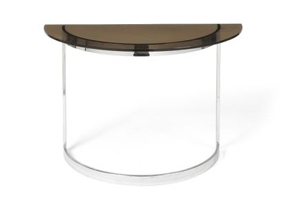 null Half-moon console in chromed metal, curved uprights. Smoked glass top. Style...