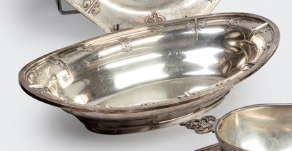 Oval silver basket with monogrammed decoration...
