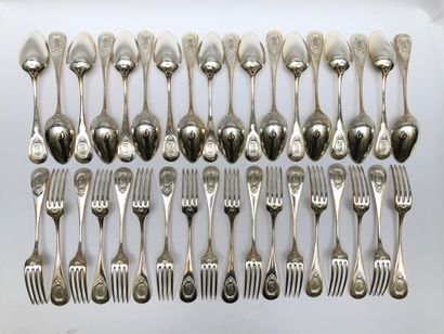 Eighteen large silver cutlery set with pearl...