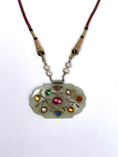 null Indian prophylactic pendant called Navratna of oval shape celadon nephrite jade...