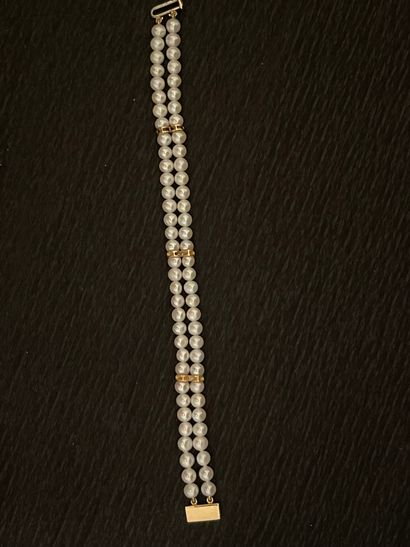 null Yellow gold bracelet 750 mm with two rows of cultured pearls, shuttles of separations...