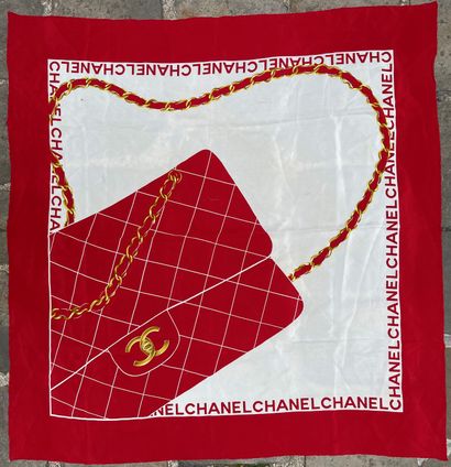 null Chanel. Square scarf in red and gold silk on a white background (snags and ...