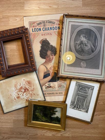 null Lot of prints, etchings, reproductions, frames, small oil Landscape