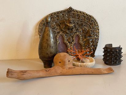 null Lot of travel souvenirs: Balinese mask, wood and stone statuettes, vases, b...