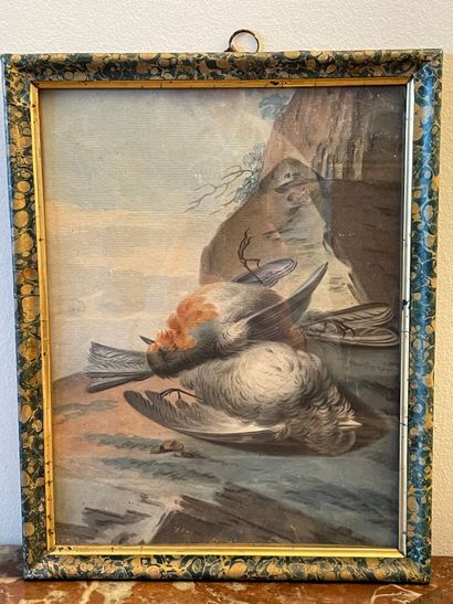 null Ecole de la fin du XVIIIe. Nature morte aux oiseaux. Aquarelle. 25 x 18 cm