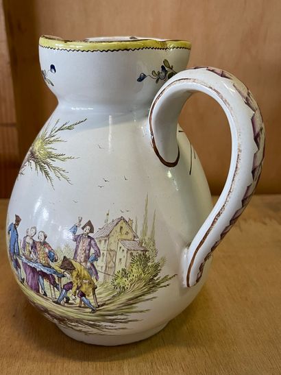 null Earthenware pitcher with polychrome decoration of flowers and scene of banquet,...