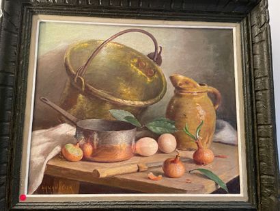 null Gaston HAMANOVICK, Still life with onions, oil on canvas, signed lower left....