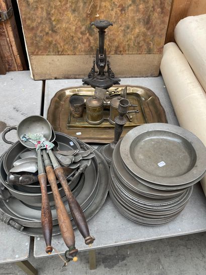 null Lot of pewter and brass including tray, dishes, plates, lamp base in regula...