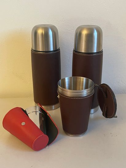 Two thermos flasks and two quilted leather...