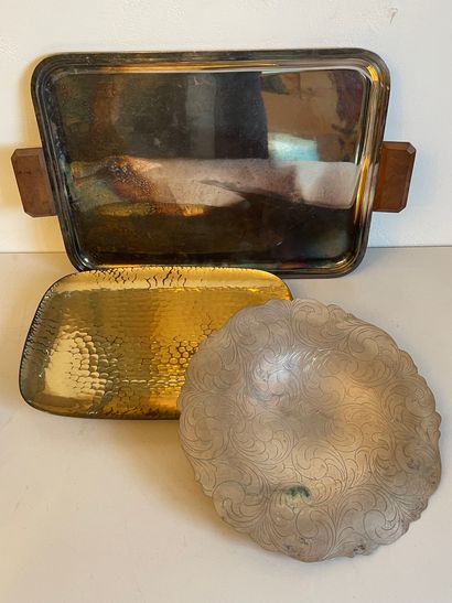 null Lot: Art Deco style silver plated metal tray, hammered brass tray and metal...