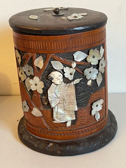 null Bamboo covered vase decorated with characters enhanced with mother-of-pearl...